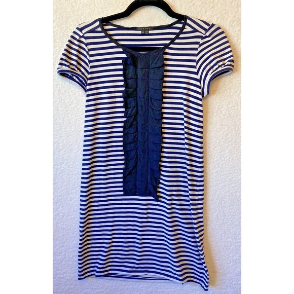 THEORY Striped Blue White Cotton Blend T-shirt Dress with Silk Trim Size‎ S - Picture 1 of 9